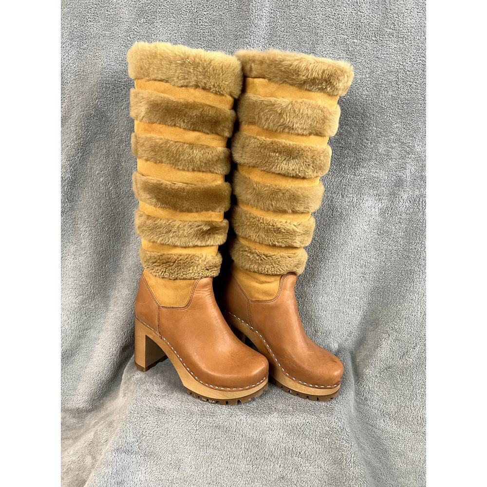 Swedish Hasbeens Romanian Knee Boot Womens 6.5 Fur Leather Hippie Retro
